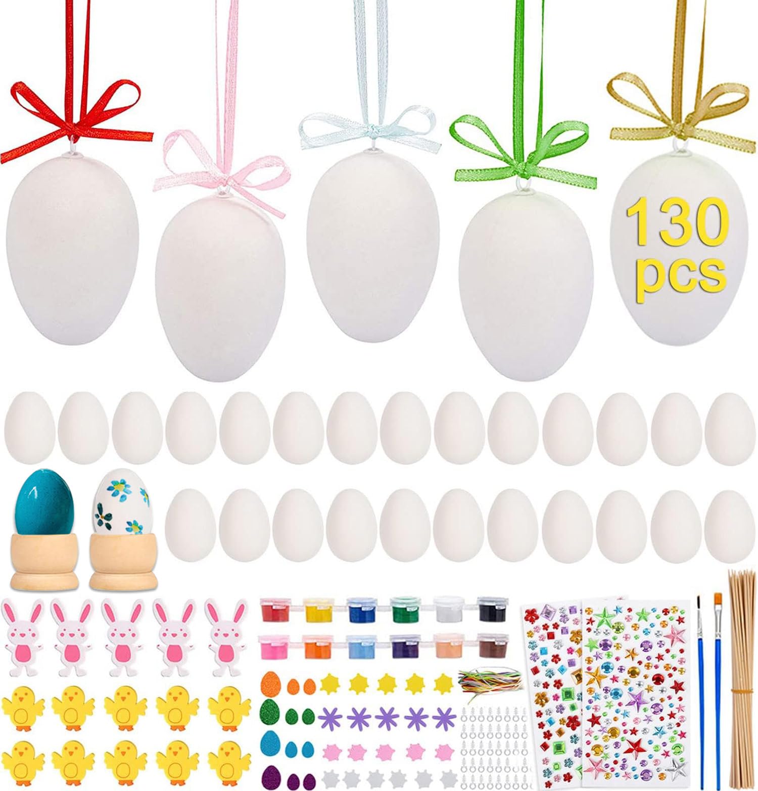 IDEALHOUSE 130pcs Easter Eggs Decoration Foam Stickers Set, 50Pcs White Hanging Eggs Ornament with Paints and Glitter Foam Sticker of Bunnies, Easter Crafts for Kids, Home, Painting, DIY Decor