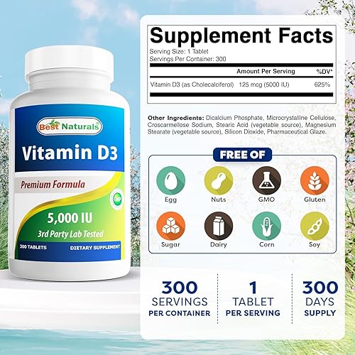 Miniatura 2 de Best Naturals Vitamina D3 300 tabletas Hecho en Estados Unidos, sin OMG, sin gluten, sin color, sabor ni conservantes artificiales Suplemento