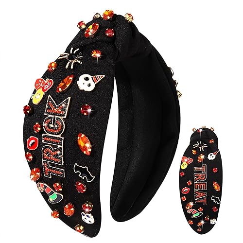 Miniatura 2 de Diadema de Halloween para mujer, diadema anudada de perlas de cristal, con cuentas, calabaza, caramelo, maíz, adornada, diadema con nudo superior,