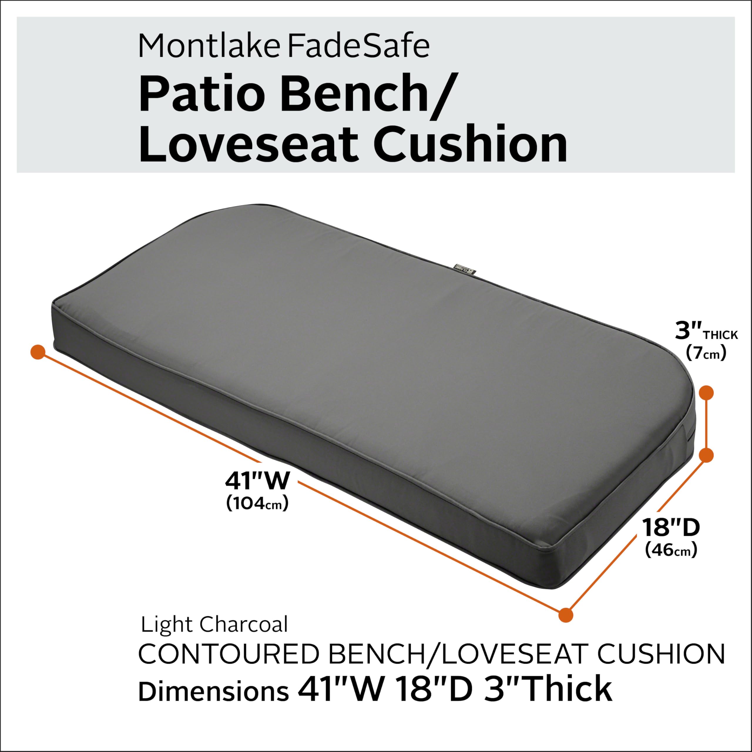 Classic Accessories Montlake FadeSafe Coussin de Dossier profilé résistant à l'eau pour Banc/canapé d'extérieur – 104 x 45,7 x 7,6 cm – Gris Anthracite Clair