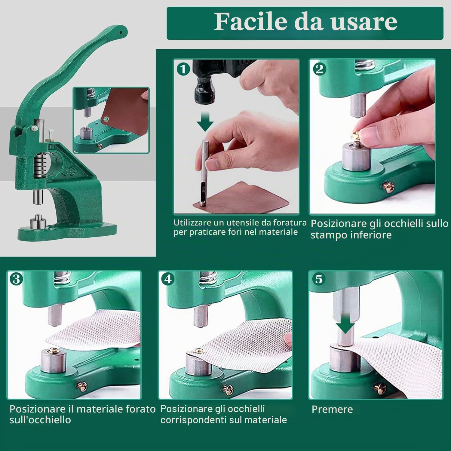 Emoshayoga Pressa per Occhielli con 1500 Occhielli per Borchie Occhiellatrice Macchina Occhiello Pressatrice Torchietto per Tende Cinture Borse Teloni (Turchese)