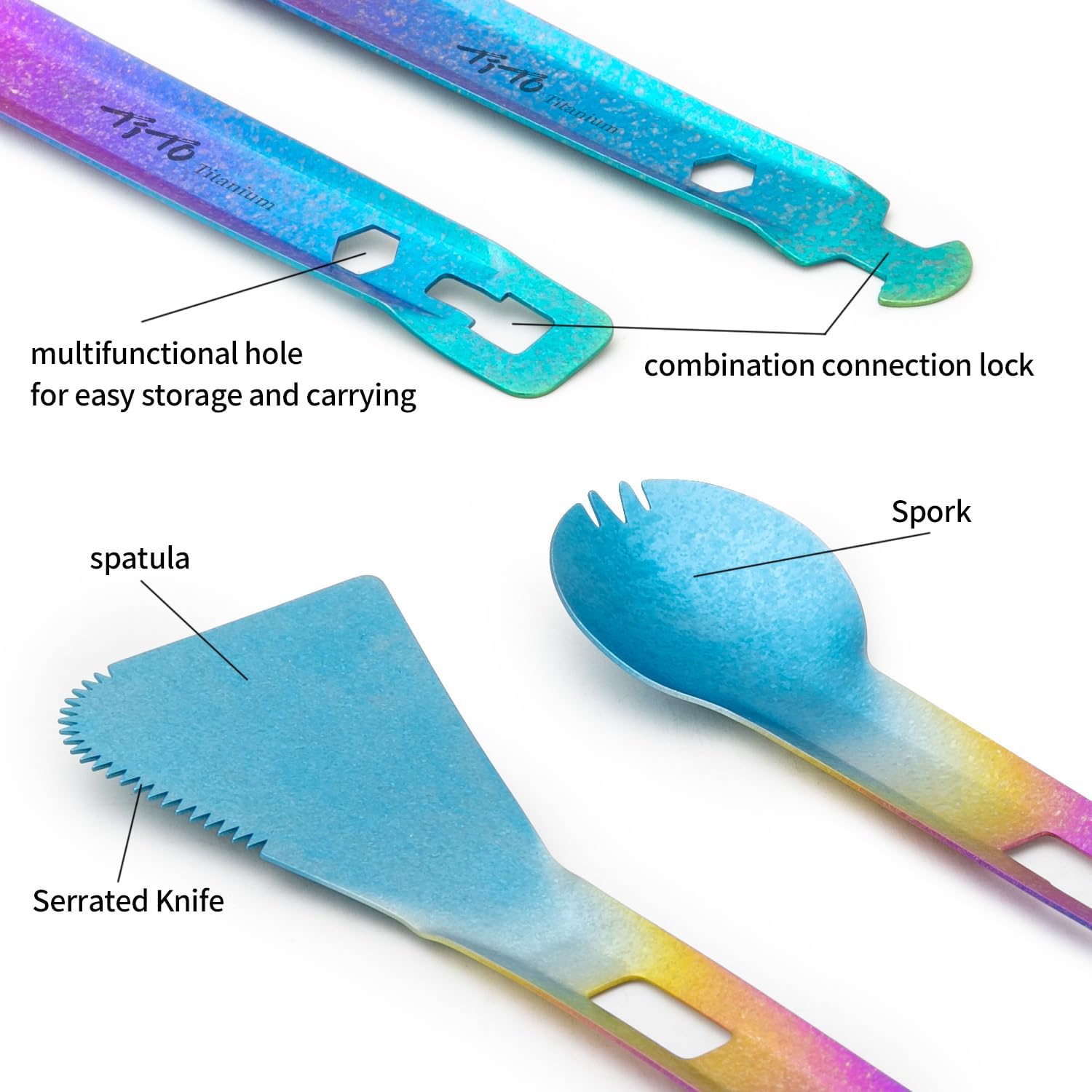 TiTo Titanium 4 in 1 Camping Cookware - Titanium BBQ Tongs, Spork, Knife and Spatula, Portable Lightweight Multi Tableware for Kitchen, Hiking, Backpacking, Outdoor Cooking, Travel, Picnics (Colorful) image 3