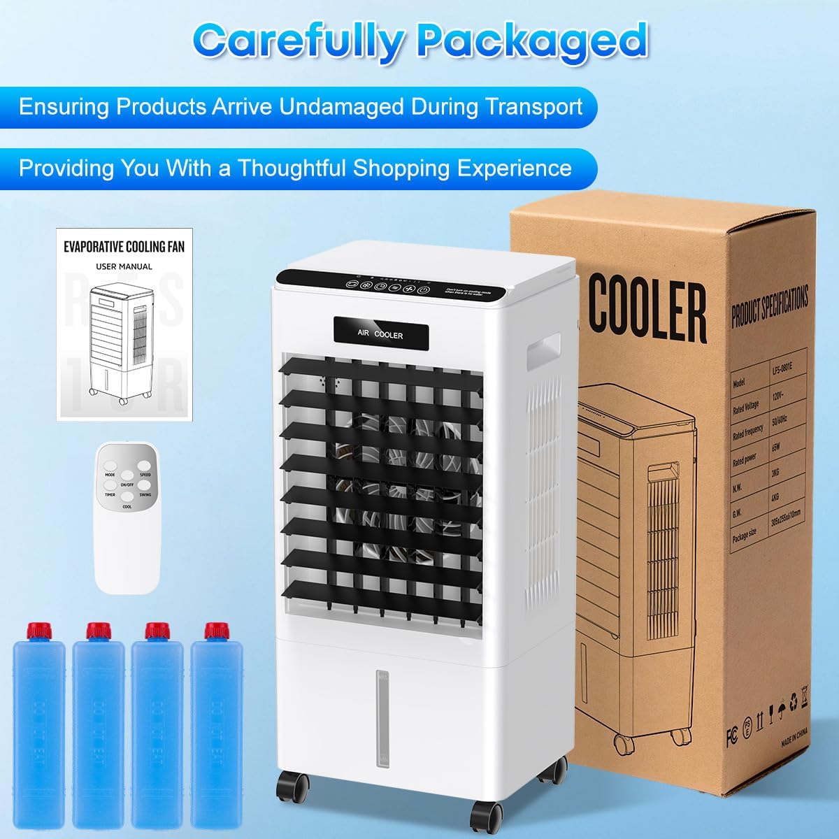 Portable Air Conditioners, 3-in-1 AC Cooling Fan 3 modes 3-Speed with Remote Control & 4 Ice Boxes, Evaporative Air Cooler with Large Tank 20H Cooling, for Home, Bedroom, Kitchen (Black)