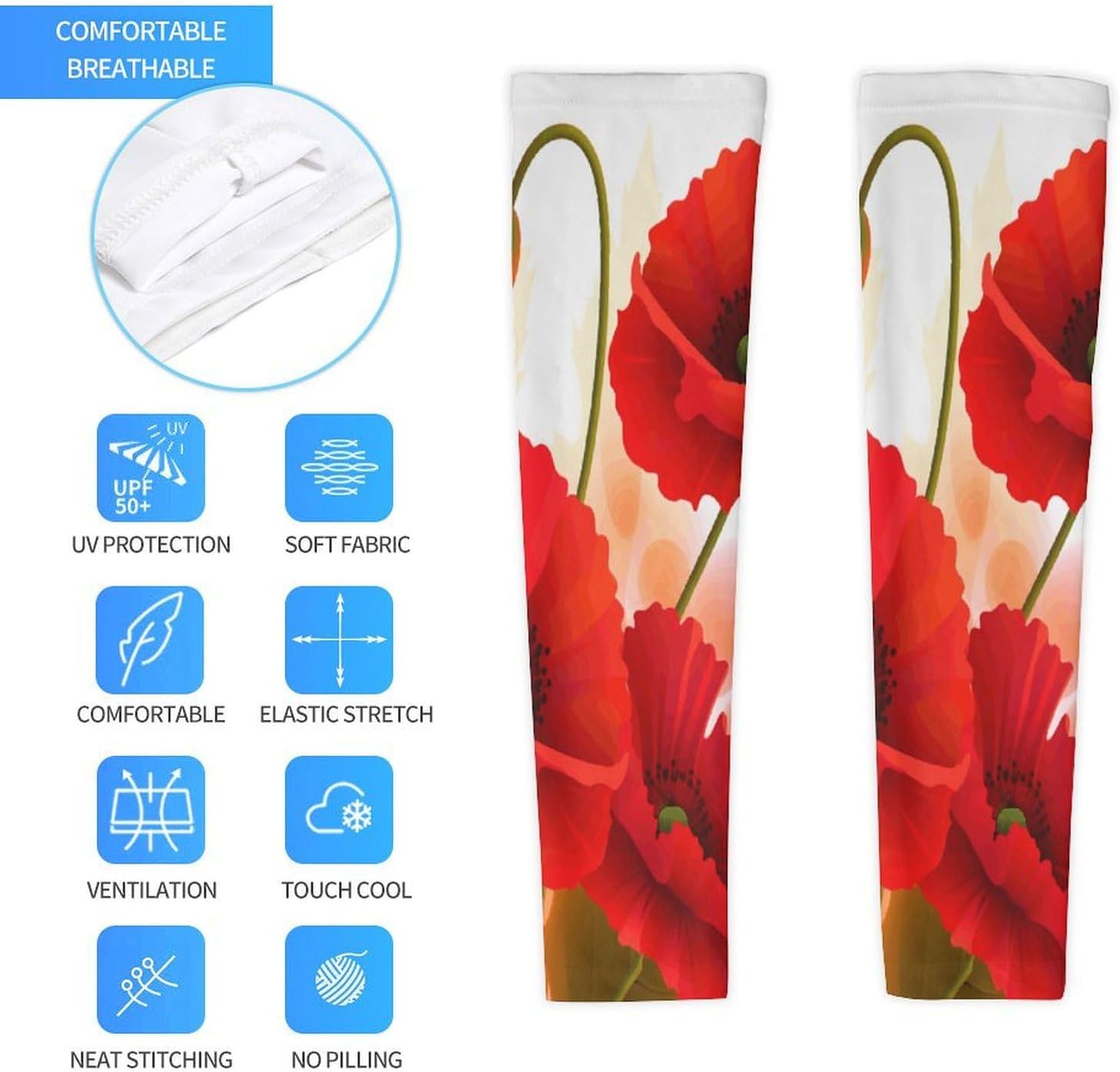 Sun Protection Arm Sleeves Cooling Compression Arm Covers 1 Pair | Poppy Flowers Vivid Petals Sports Compression Sleeves Cooling Arm Sleeves for Cycling Golf Fishing Driving Hiking
