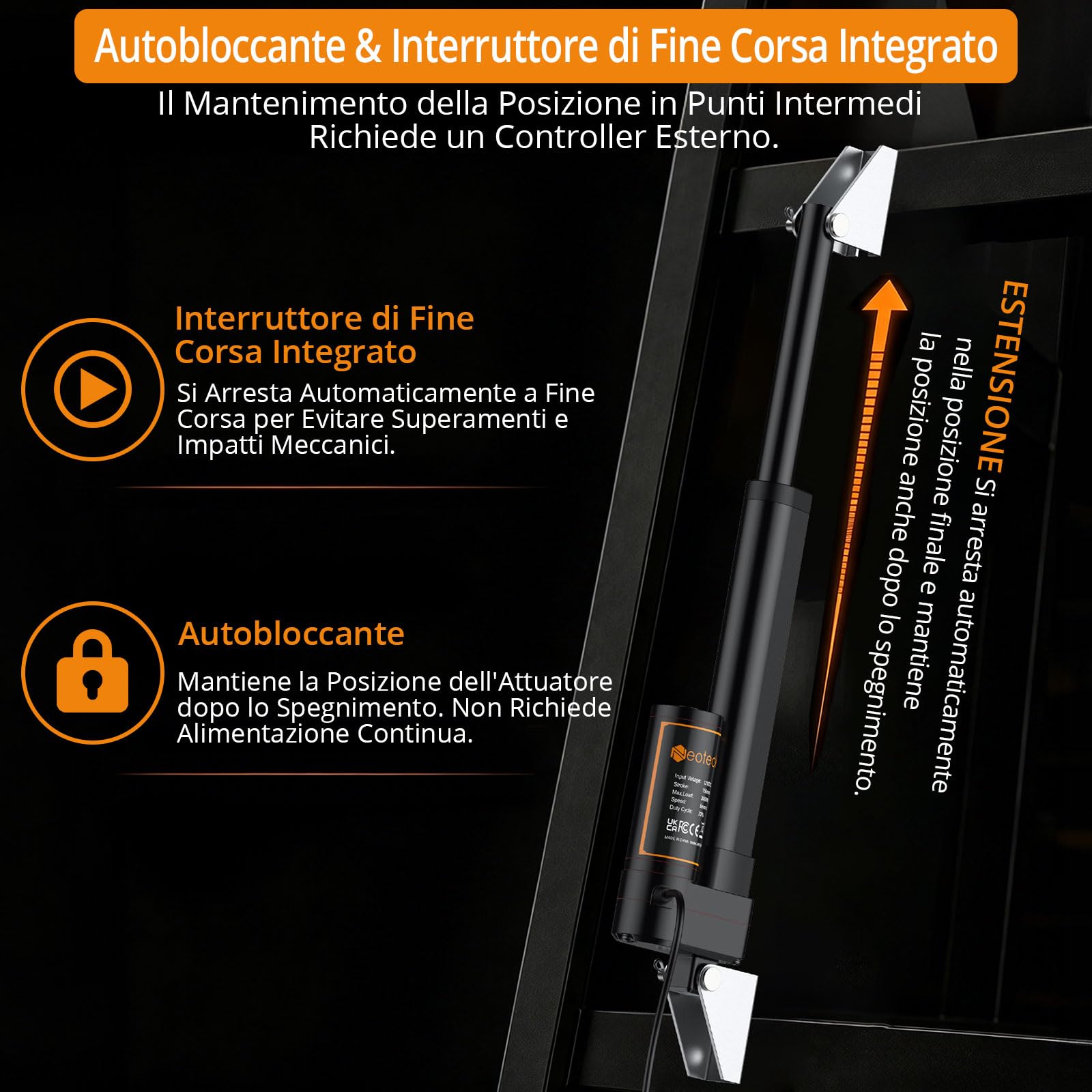 Neoteck Motore Lineare Elettrico 3000N 150mm 12V DC 3.5 mm/s a Carico 50 dB | Attuatore Lineare IP65 Finecorsa Integrato Certificato CE per Sollevatori Industriali Macchine Agricole Rimorchi Camion e CNC