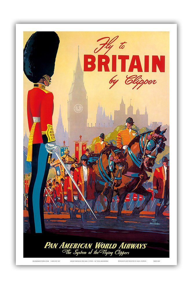 Pacifica Island ArtFly To Britain By Clipper - Pan American World Airways - British Royal Procession - Vintage Airline Travel Poster by Mark Von Arenburg c.1950s - Master Art Print (Unframed) 12in x 18in