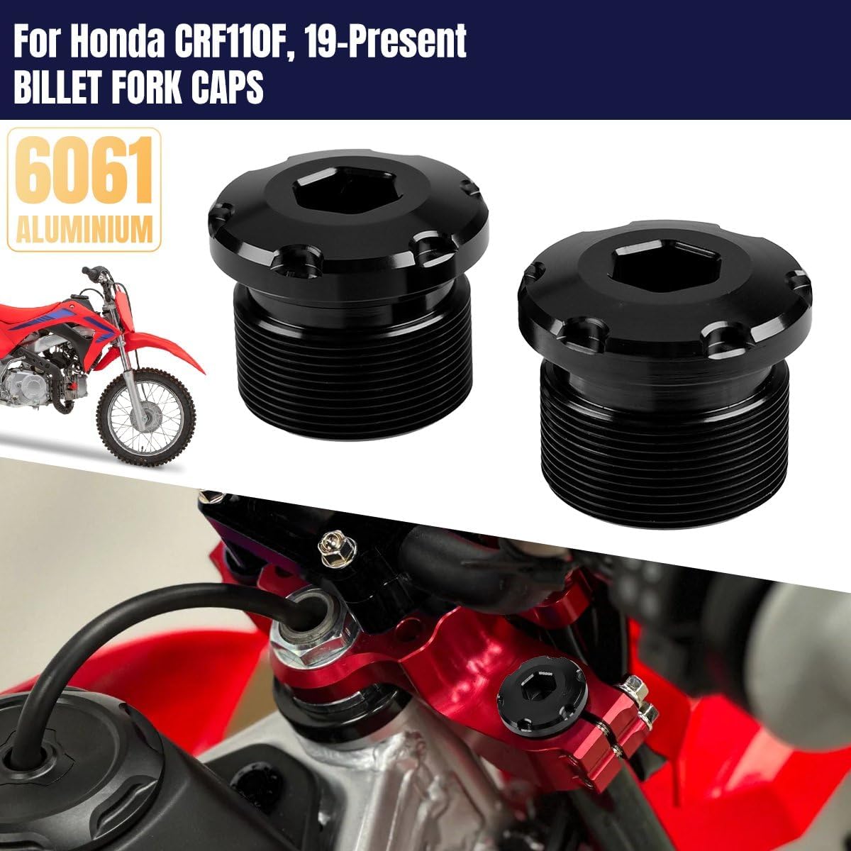 Canitu Fork Caps,Motorcycle Billet Aluminum Front Fork Tube Cap Bolt Covers Plain Stock Cap Replacement,Uses Stock O-Rings for Honda CRF110 /125 2019-2023 (BLACK)