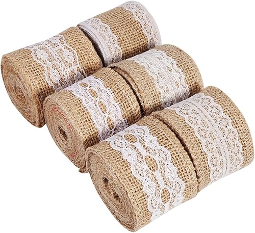 Rollo de cinta de yute natural con encaje blanco para boda, fiesta, evento, decoración del hogar (tamaño #6)
