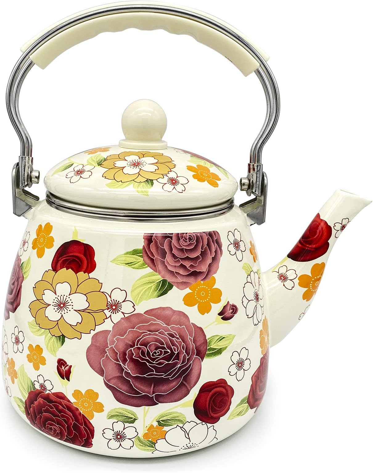 Floral Ceramic Enamel Teapot Tea Kettle for Stovetop,Large Porcelain Enameled Teakettle (white) (3.5L, white3)