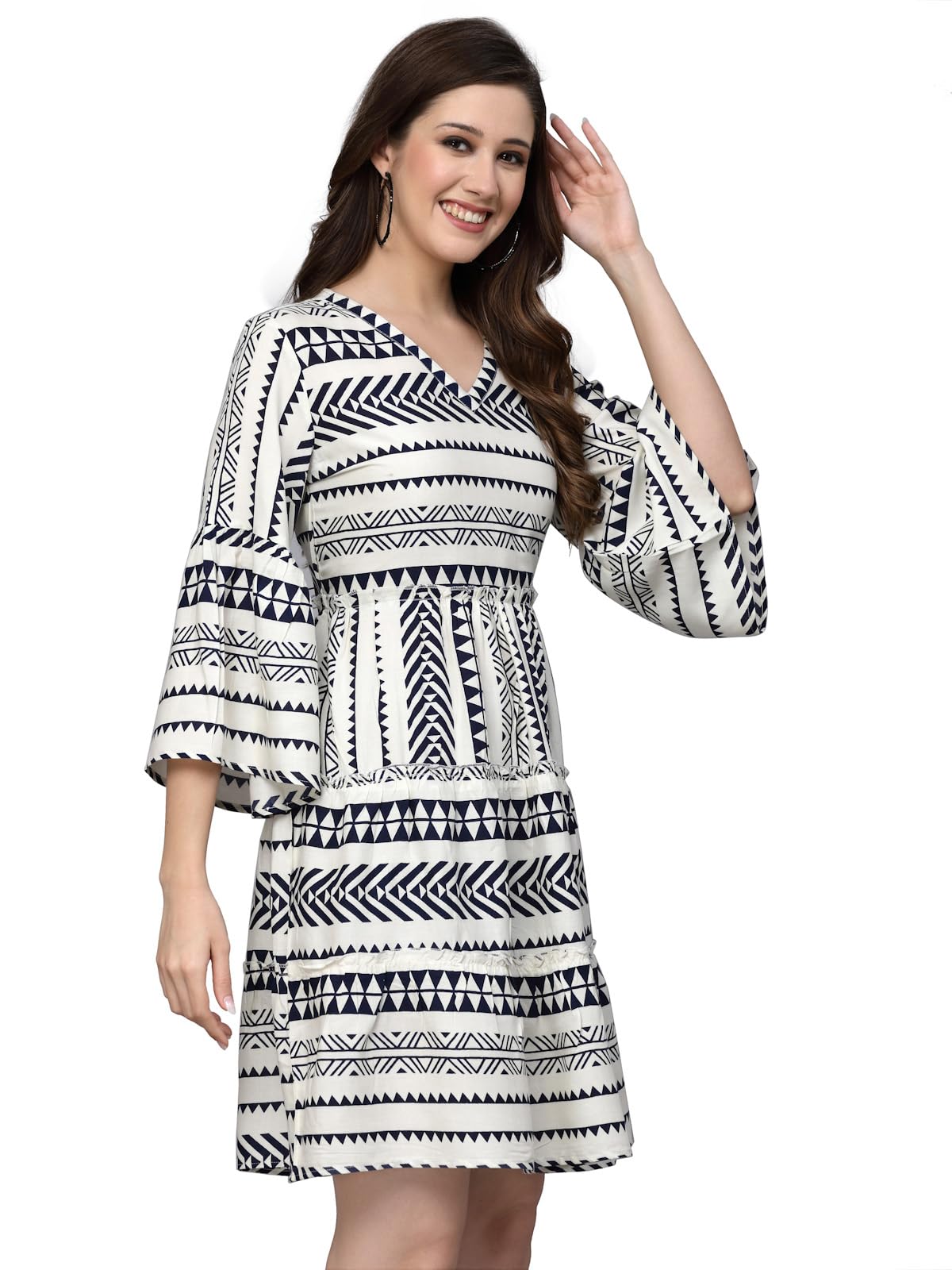 Stylum Women's Printed Rayon Tiered Dress (Drshannah40_Navy Blue, L)