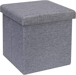 Bonlife Grey Small Ottoman Storage Box with Lid,Foot Rest Stool with Storage,Linen Toy Chest Box,Folding Footstool Cube Seat for Living Room 11.8"