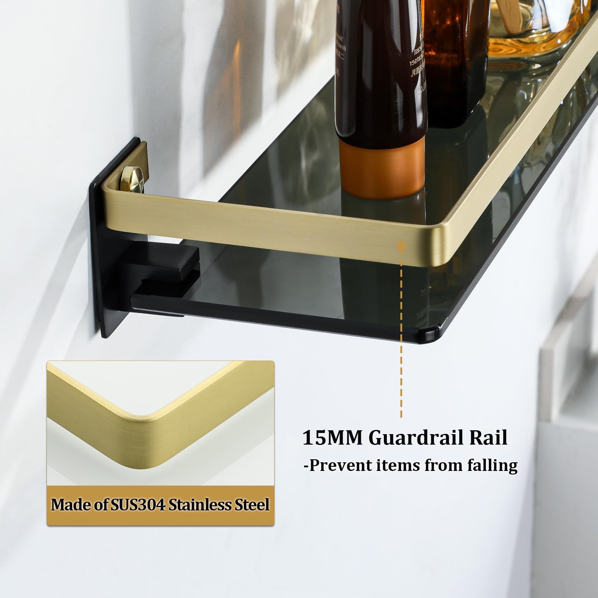 SAYAYO Bathroom Shelf Tempered Black Glass Shelf Wall Mounted 50CM Large Capacity with SUS304 Stainless Steel Gold Rail - Image 4