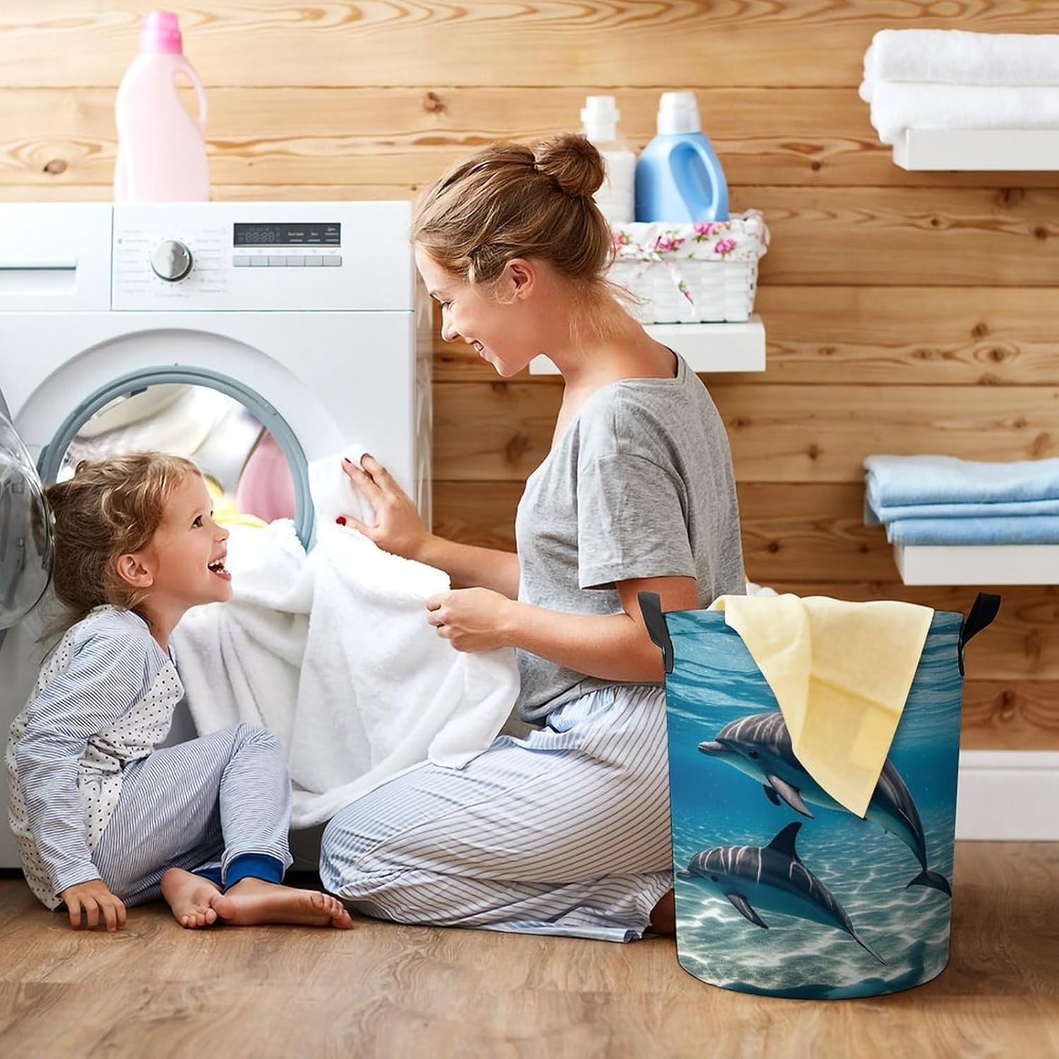 Dolphins Underwater Laundry Bag Large Collapsible Laundry Baskets Freestanding Waterproof Clothes Hamper with Handles & Drawstring for Laundry Room Bedroom Bathroom
