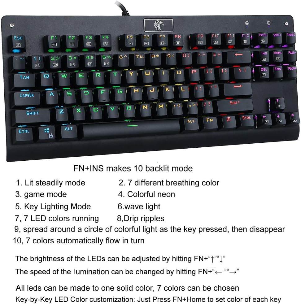 HUO JI RGB Mechanical Gaming Keyboard, Z-77 Programable RGB Backlit, DIY Blue Switches,Water Resistant, 87 Keys Anti-Ghosting for Mac PC, Black