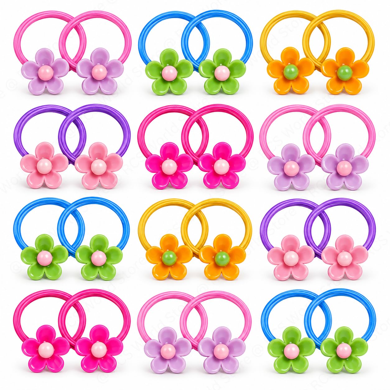 rcs girls cute character hair ties, pack of 4 pairs, assorted elastic bands | cute decorative flower hair ties in 4 matching pairs