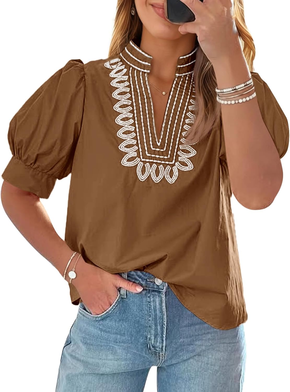 Cicy Bell Womens Puff Short Sleeve Blouses Summer Casual Dressy Embroidered V Neck Tops Loose Fit Tee Shirts