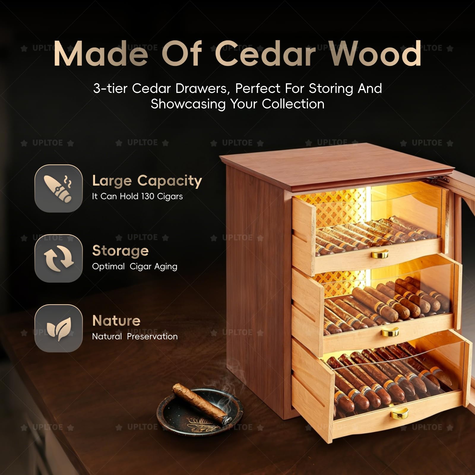 Biurkowa szafka humidor | do 130 sztuk | Precyzyjny elektroniczny higrometr | Cedrowe półki | 28×28×37 cm | 5,9 kg | Do przestrzeni mieszkalnych (użytku domowego) Black