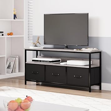 Tv Console Stand for 55 Inch TV, Entertainment Center with Open Storage Shelves/3 Drawers, Multi-Functional Storage Solutions, Mid Century Modern Media TV Console Table for Living Room Bedroom, Grey