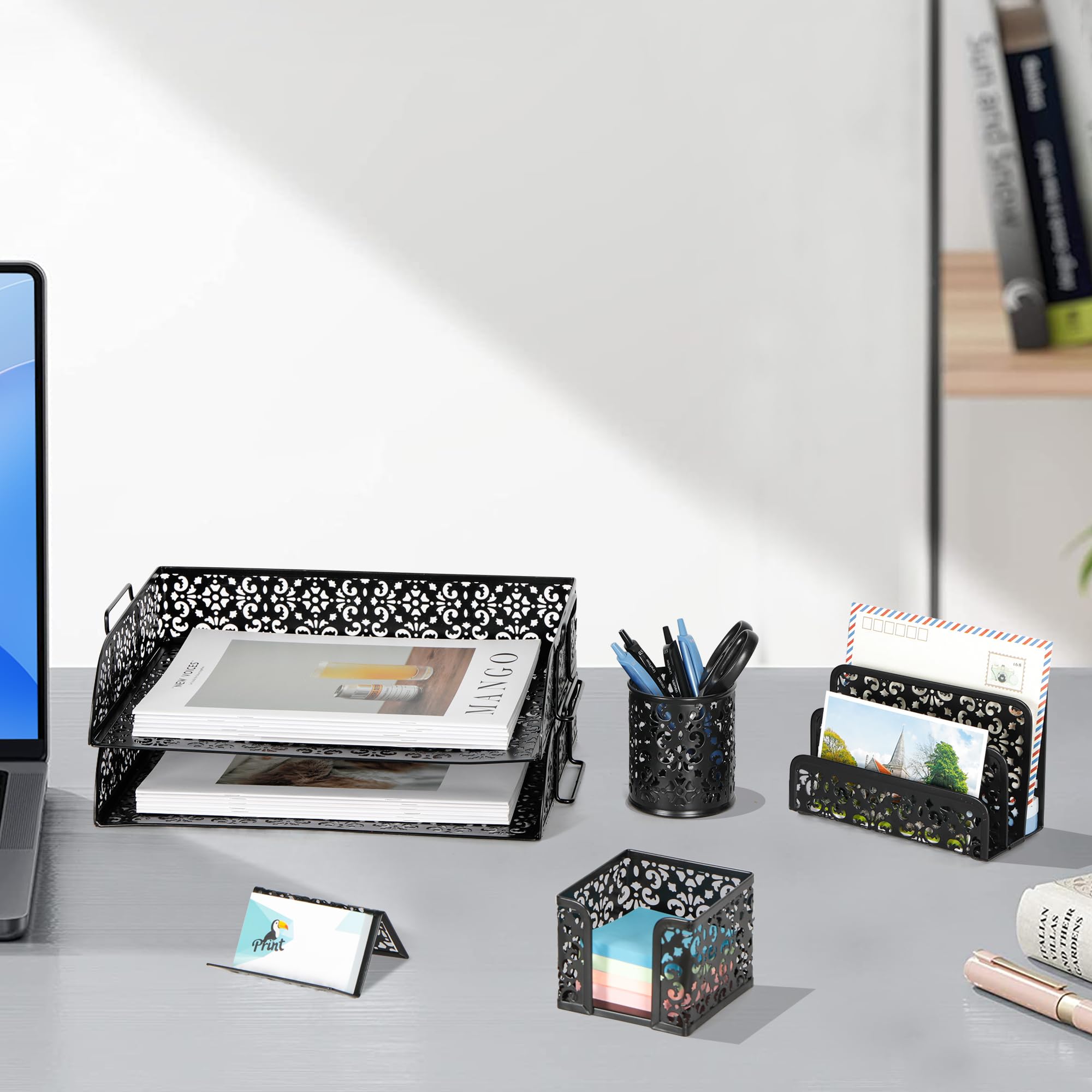 EasyPAG Set di 5 accessori da scrivania, vassoio da scrivania a 2 livelli, selezione di lettere, portapenne, porta biglietti da visita e porta banconote, nero