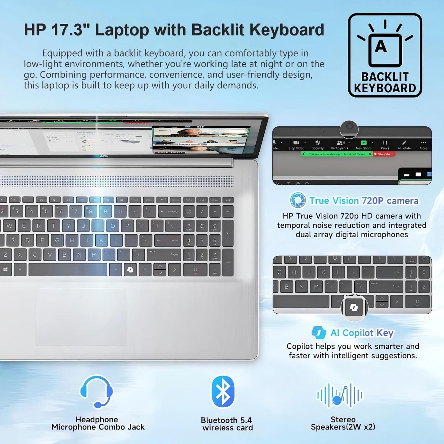 HP 17 Touchscreen Laptop, AMD Ryzen 5 7430U (Up to 4.3GHz), 20GB RAM, 512GB SSD, 17.3" HD+ Anti-Glare Display, Windows 11 Pro, Backlit Keyboard, Wi-Fi 6, USB-C, Numeric Keypad