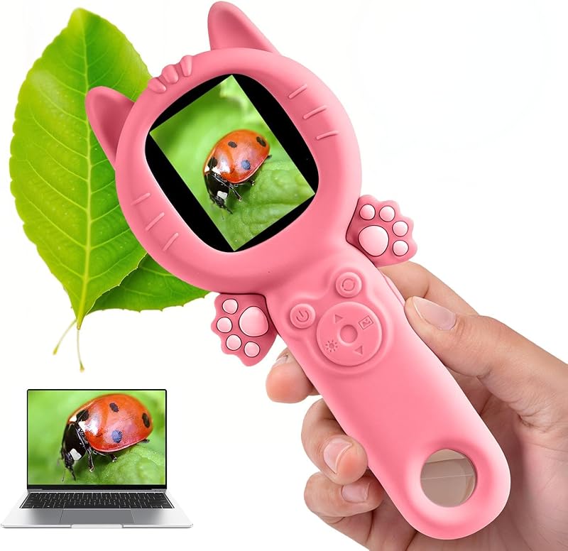 Kids Microscope, 500X Microscope for Kids, Dual Camera, Pink | Cute cat design, 500X zoom, dual cameras and autofocus; rechargeable handheld microscope makes STEM discovery fun anywhere.