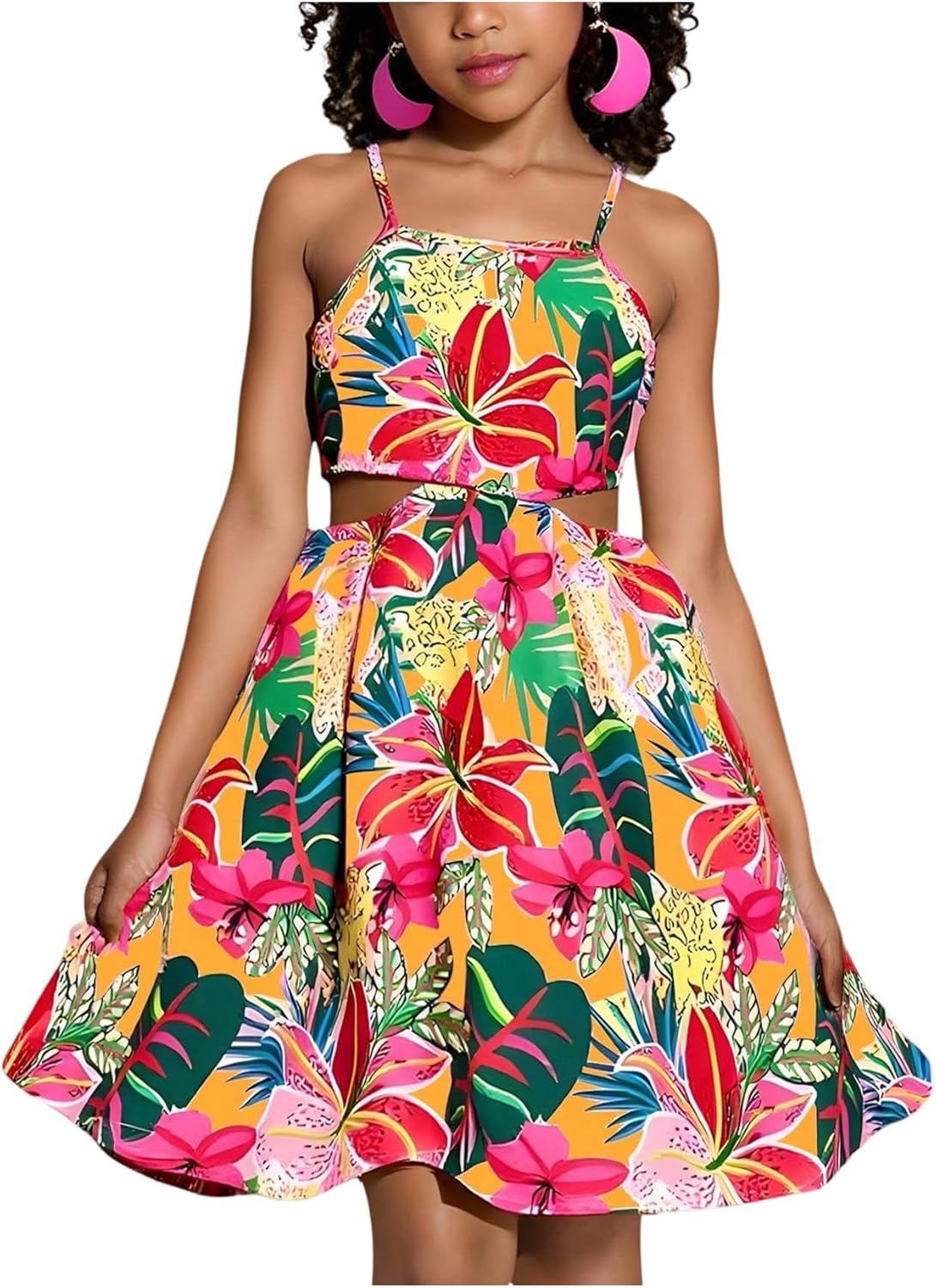 Floerns Girl's Summer Tropical Cami Dress Floral Spaghetti Strap Beach Vacation Dresses