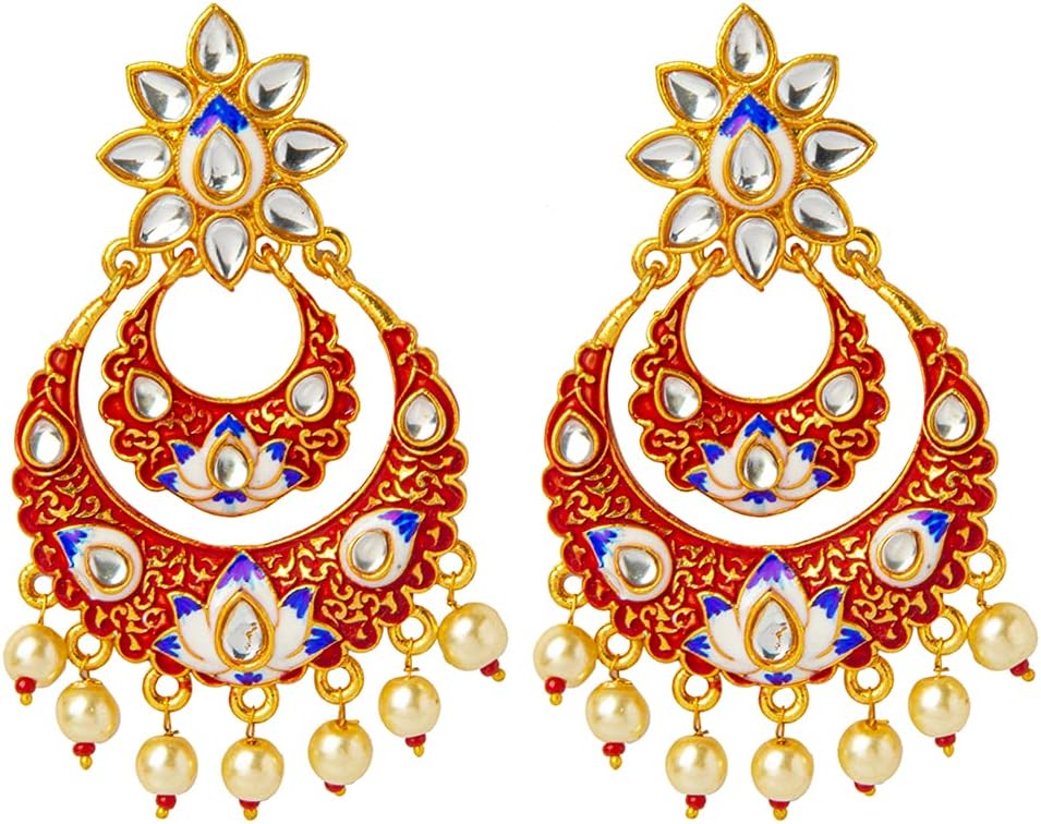 Bodha Traditional Indian Handcrafted Gold Plated Designer Traditional Ethnic Meenakari Kundan Chandbali Earrings Women