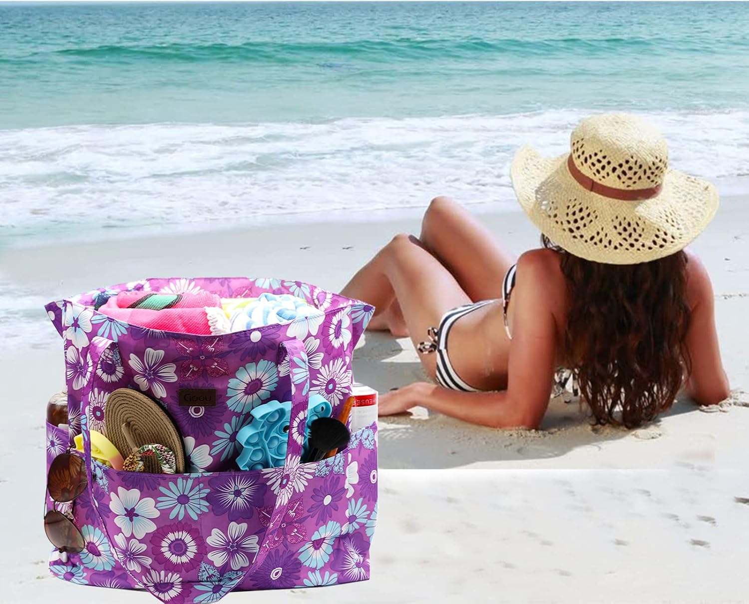 We We Large Canvas Straw Beach bag Pool Bag Waterproof Beach Tote Bags for Women Travel Shoulder Handbag