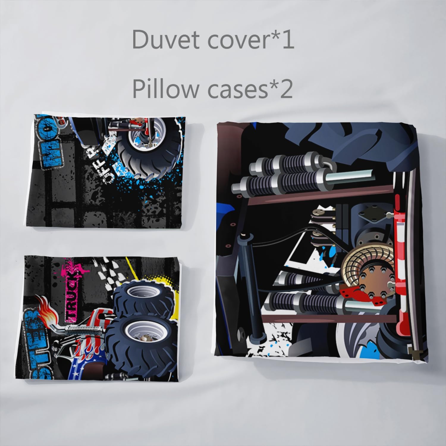 AILONEN Cartoon Monster Truck Duvet Cover Set King Size,Popular Large Monster Truck Bedding Set,Cartoon Car Boys Kids Truck Comforter Cover Set 3 Pieces, 1 Quilt Cover and 2 Pillowcases