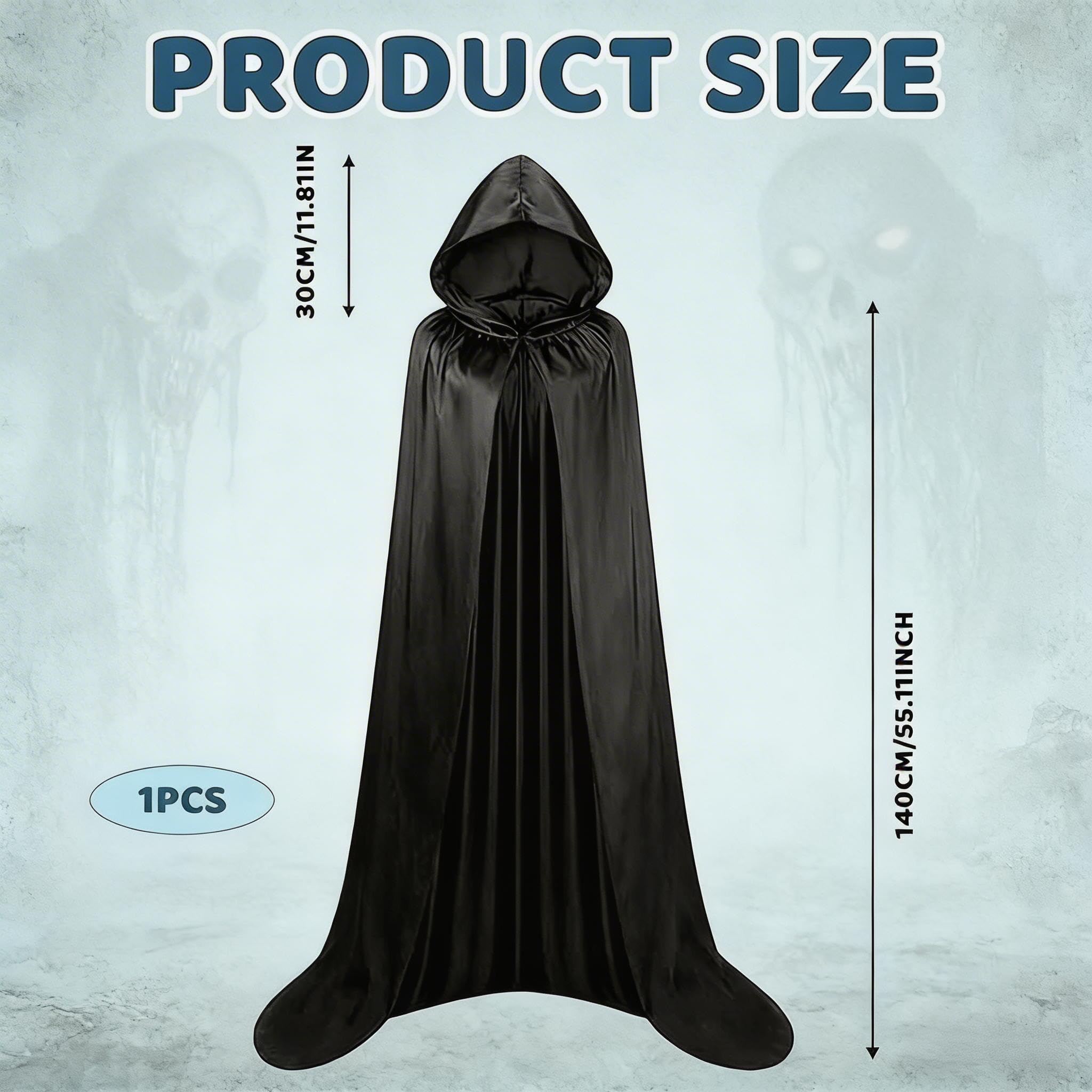 Black Cloak, Traitors Cloak 140 cm, Black Hooded Cloak, Costumes for World Book Day, Elegant Satin Cape for Various Occasions, Perfect for World Book Day Costumes and Theatrical Performances - Image 2