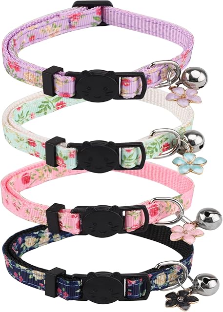 4 Pack Cat Collar,18-29 cm Adjustable Kitten Collar with Bell,Flower Style Cat Collars,Cat Collars with Bell,Cat Bow Tie Collars Safety Quick Release Buckle for Most Domestic,Puppy,Small Dog (A)