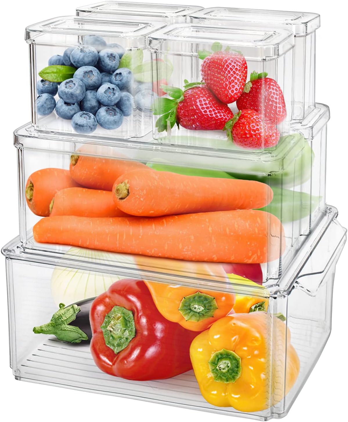 HPYLIF·H Transparent Fridge Organiser Set of 7 (3 Sizes), Fridge Organisers Stackable, Refrigerator Organizer Bins for Fridge, Kitchen, Cabinets, Cosmetics and Countertops - BPA Free