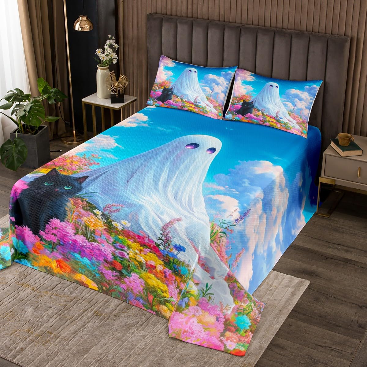 Parure de lit douce chat fantôme et fleur aquarelle Manfei avec couvre-lit matelassé 2 pièces