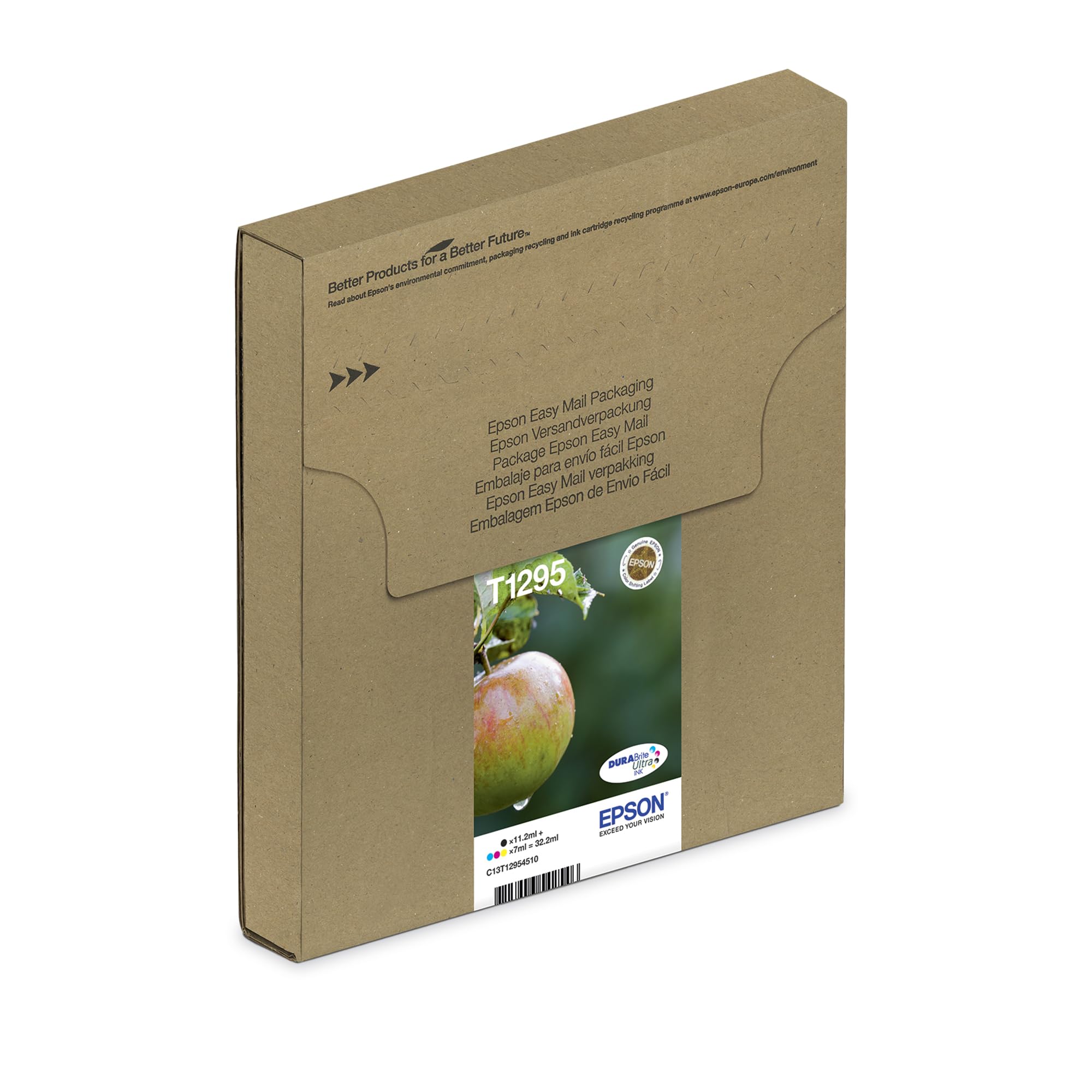 Epson Multipack di cartucce originali DURABrite Mela T129 EasyMail, con imballaggio alternativo alla plastica ridotto - 4 colori: Cartuccia nero, ciano, magenta, giallo - 1 x 11,2 ml, 3 x 7 ml