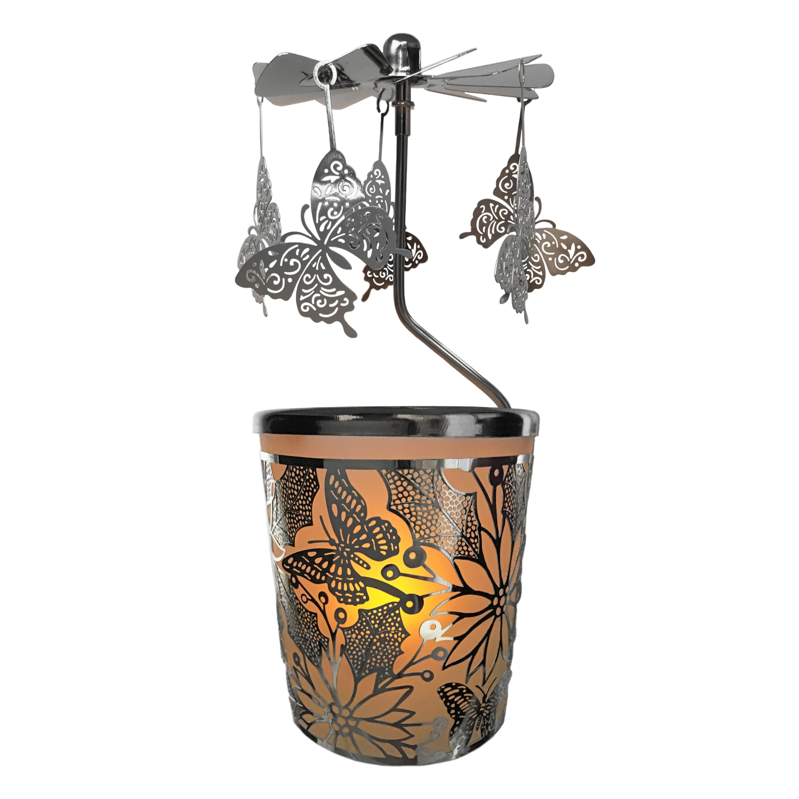 Butterfly Spinning Candle Holder - Laser Cut Silver Butterflies with a Floral Designed Base - Scandinavian Design - 6.25" H x 2.5" W