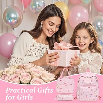 3-Piece Bow School Bag Set, Adorable Bow Bag, Pink Girls Backpack for School, Polyester Backpack + Lunch Bag + Pencil Case, for Teens Students Daily Use, Commute Travel Hiking Camping