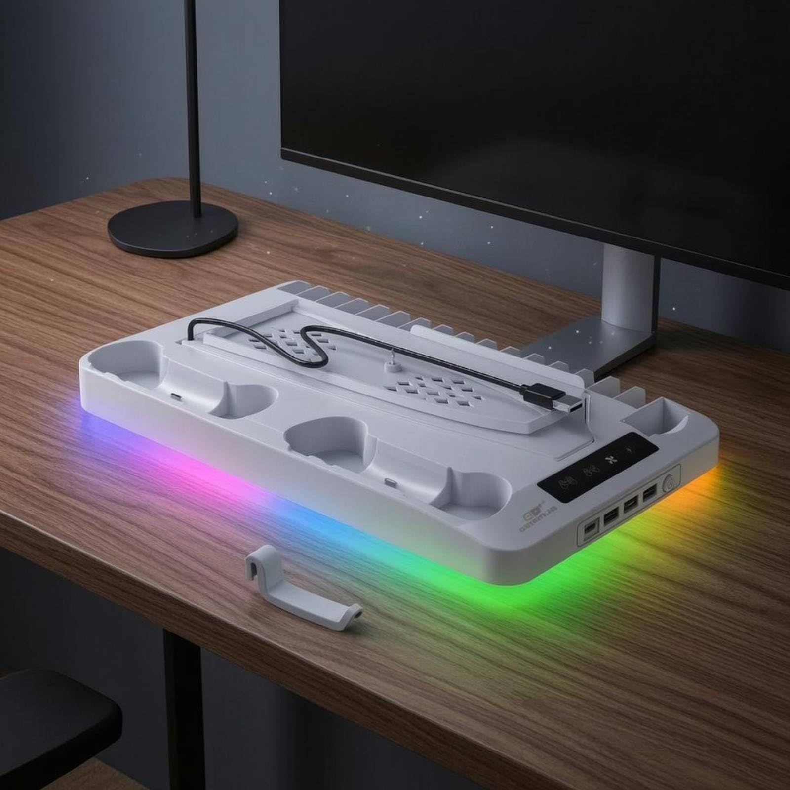 Base di Raffreddamento per Console Supporto Ventilato Doppia Ventola Dock Rgb Stazione di Ricarica Controller con Porte Usb Usb C Struttura Adatto per, Nero, Nero