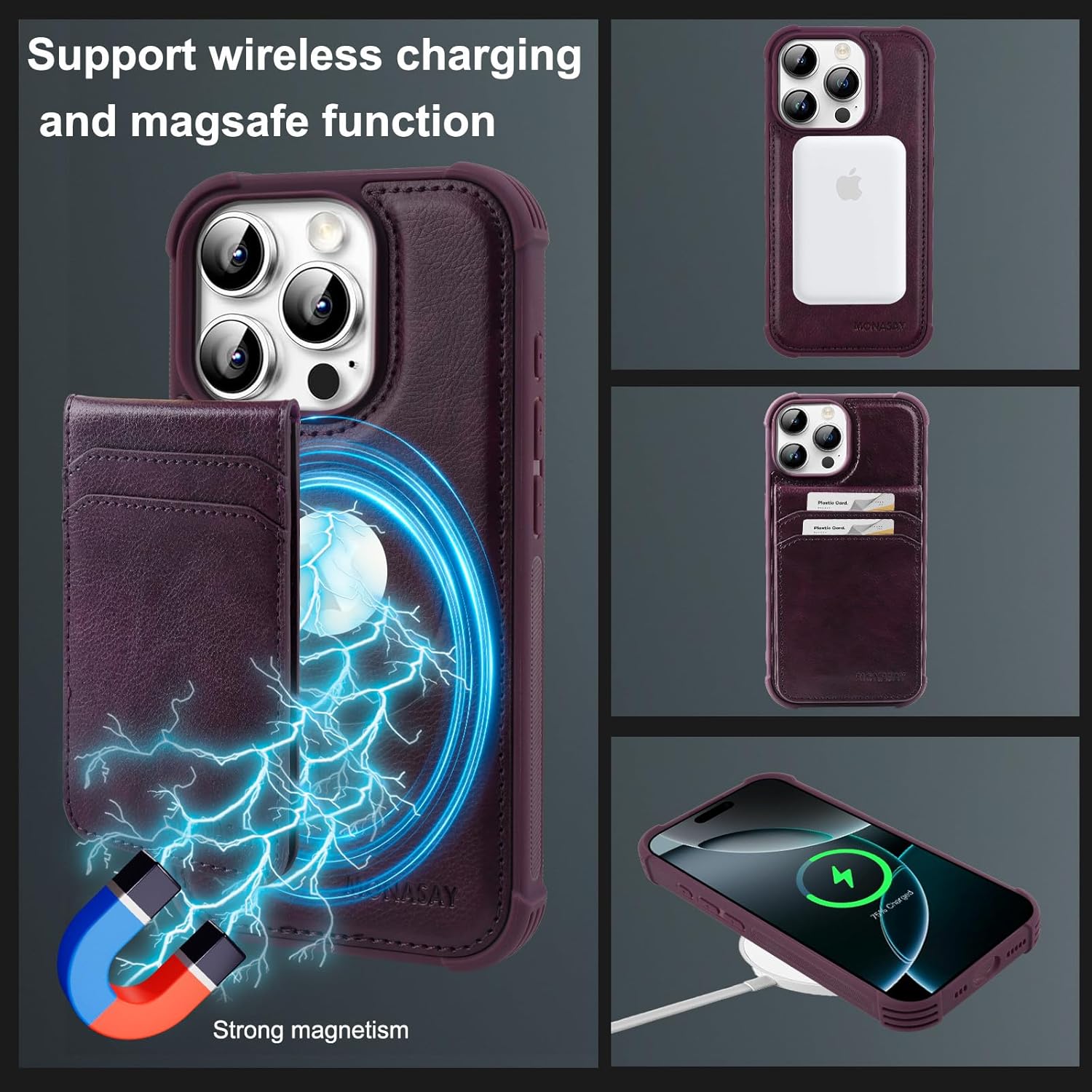 MONASAY Magwallet Case Compatible for iPhone 16 Pro, [Support MagSafe Wireless Charging][Glass Screen Protector] Flip Magnetic Leather Wallet Phone Cover with Detachable Card Holder, Purple
