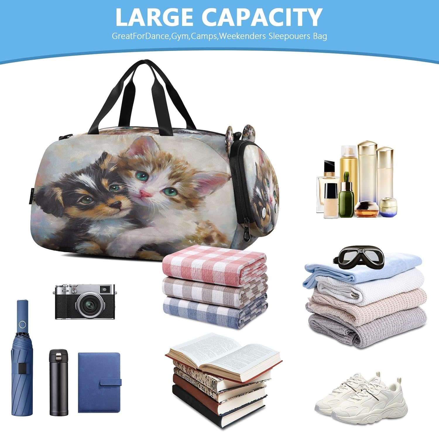 Kids Travel Duffel Bag Overnight Weekender Carry-On Tote Gym Bag with Shoes Compartment Sports School Cats Dogs