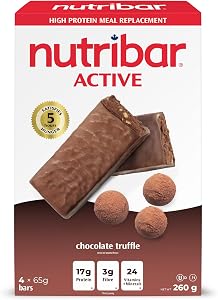Nutribar Active Chocolate Truffle Meal Replacement Bars, High protein, Bars, 24 Vitamins & Minerals, High Fibre, Made in Canada, 4-Count *PACKAGING MAY VARY*