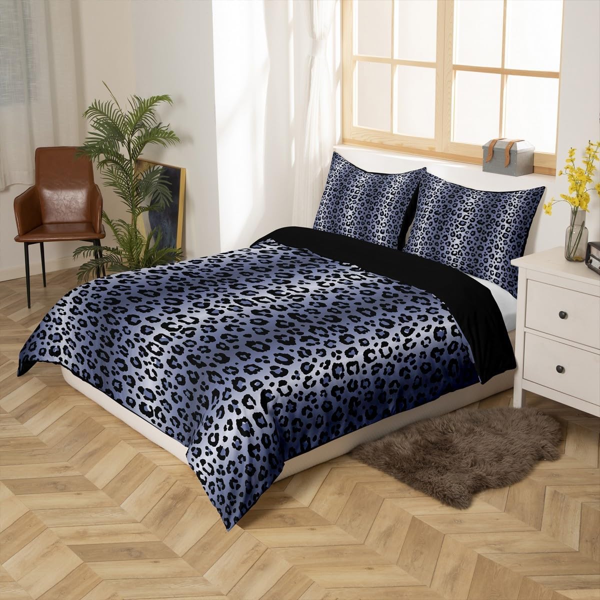 Feelyou Kids Blue Grey Black Duvet Cover Leopard Stripes Comforter Cover Leopard Print Bedding Set for Teens Toddler Cheetah Fur Print Bedspread Cover Breathable Bedclothes Zipper (No Comforter)