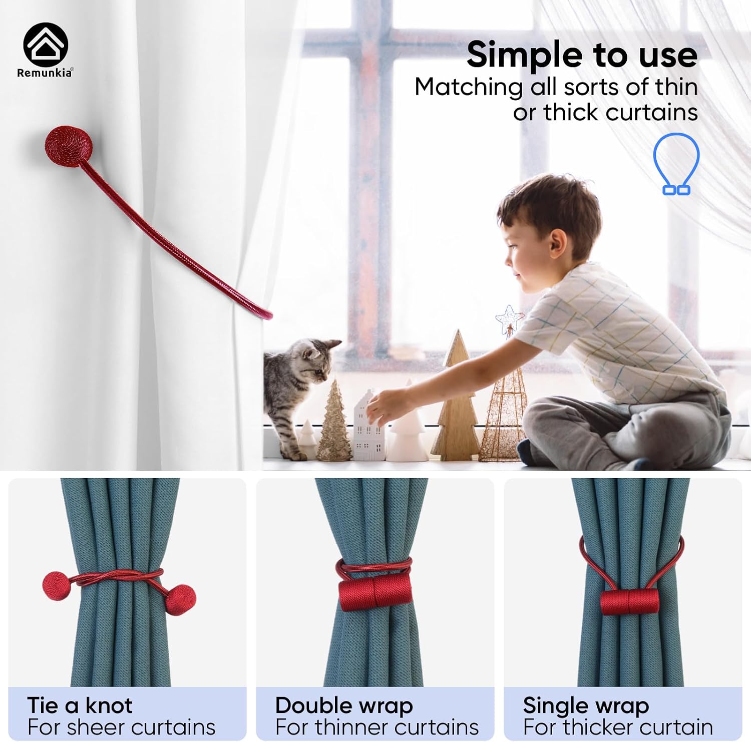 Remunkia Magnetic Curtain Tiebacks 4 Pack, Curtain Tie Backs Holder, Outdoor Curtains Tiebacks Window Treatment Holdbacks with Strong Magnet Modern Rope Tiebacks Decorative All Drape Curtains - Wine image 5