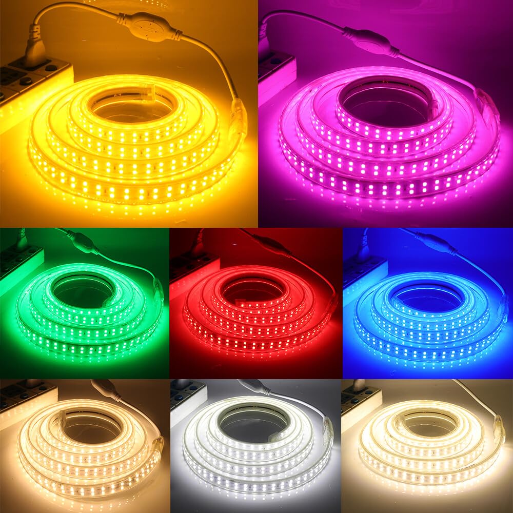 Tira LED de doble fila 220V [50M, Amarillo], IP67 impermeable flexible, SMD2835, 180 LEDs/m Guirnaldas luminosas cortable CRI85+, iluminación decorativa para hogar/comercios