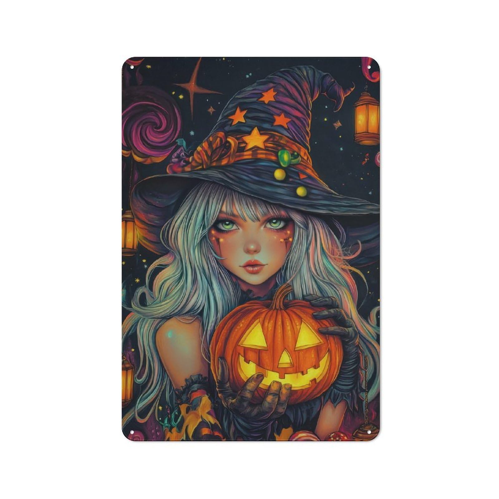 Junmoney Halloween Witch With Pumpkin 4 Rustic Tin Wall Plaque 30X20cm For Garage Or Workshop, For Home Interiors, Feature Walls And Decorative Displays