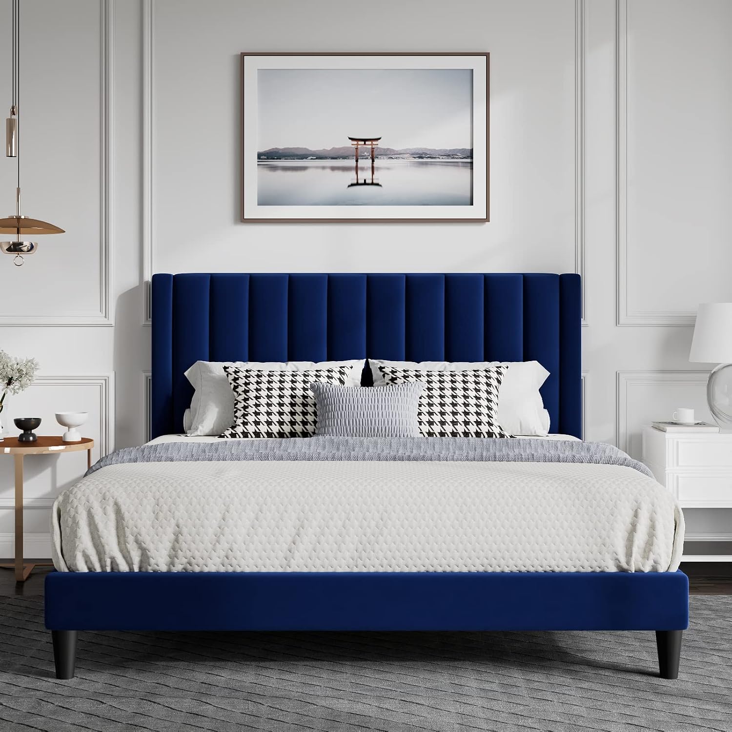 SHA CERLIN King Size Vertical Channel Platform Bed Frame/Velvet Upholstered Bed Frame with Headboard/Strong Wood Slats Support/Mattress Foundation/No Box Spring Needed/Blue