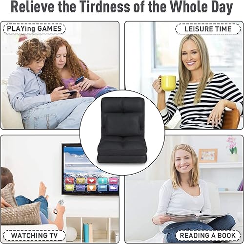 Miniatura 6 de Silla de suelo con respaldo para adultos, ajustable, 14 posiciones, sillas de videojuegos, tumbona plegable con almohada 8823 (negro) Negro