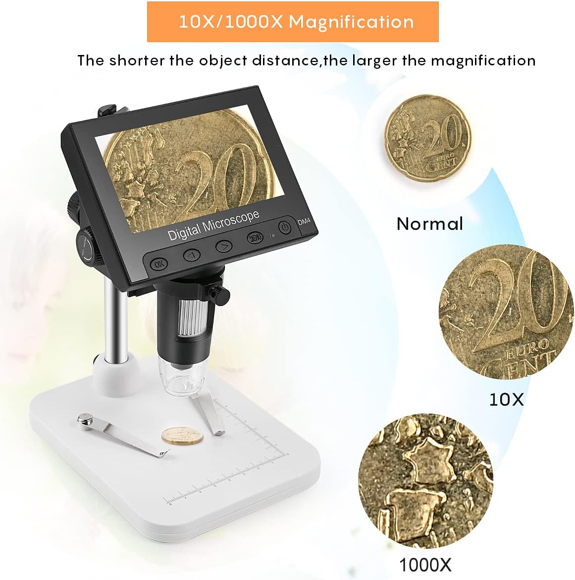 4.3 Inch Coin Microscope, 10X-1000X Magnification LCD Digital Microscope USB Microscope Camera Video Recorder with 8 Light for Adults PCB Soldering Jewelry Repair, Windows Compatible