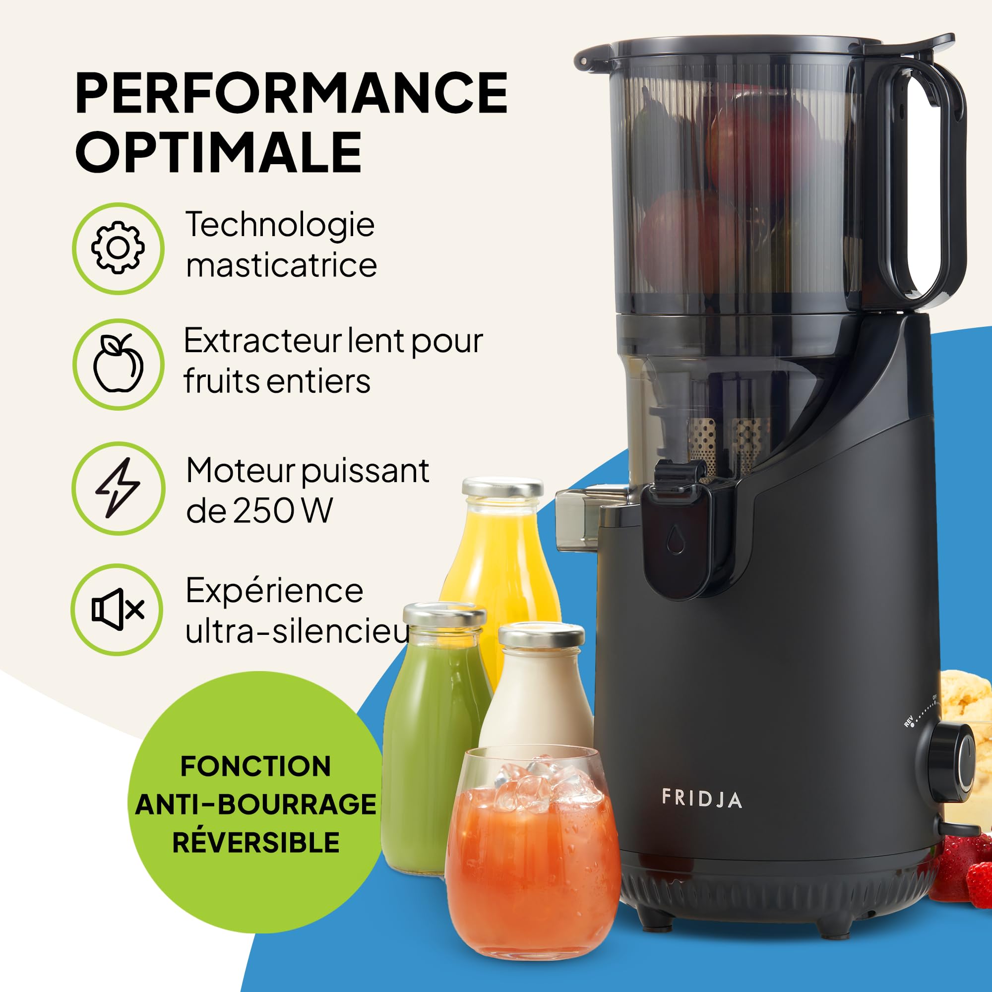 Fridja f2500 Extracteur de Jus à Alimentation Automatique 250W Goulotte 135mm Fruits Entiers Sans BPA Noir Mat