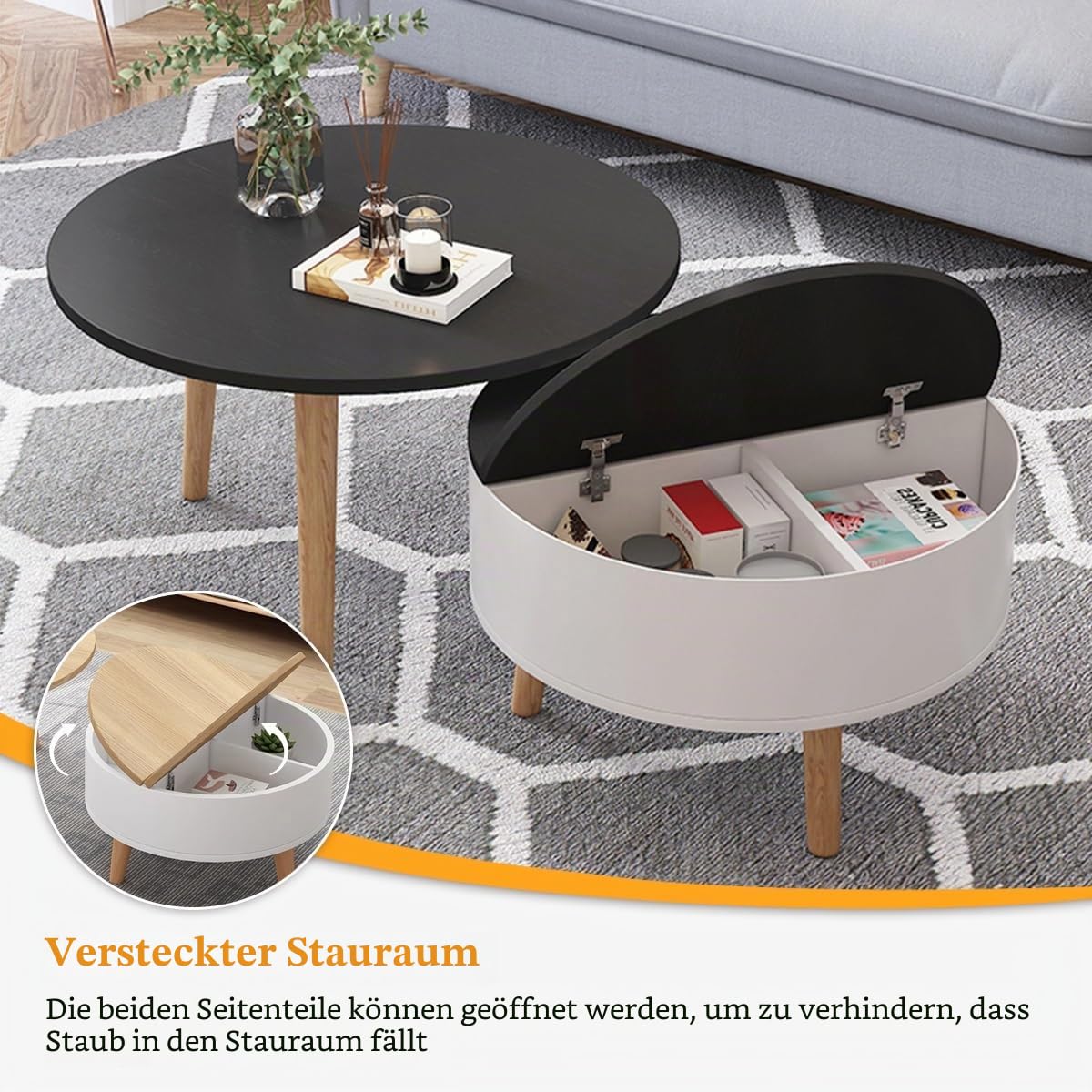 2er Set Runde Couchtische mit Stauraum, Stapelbare Wohnzimmertische aus Holz mit Klappdeckel, Kleiner Beistelltisch mit Verstecktem Fach für Wohnzimmer oder Kleine Räume(60cm/23.6in,Brown/white)