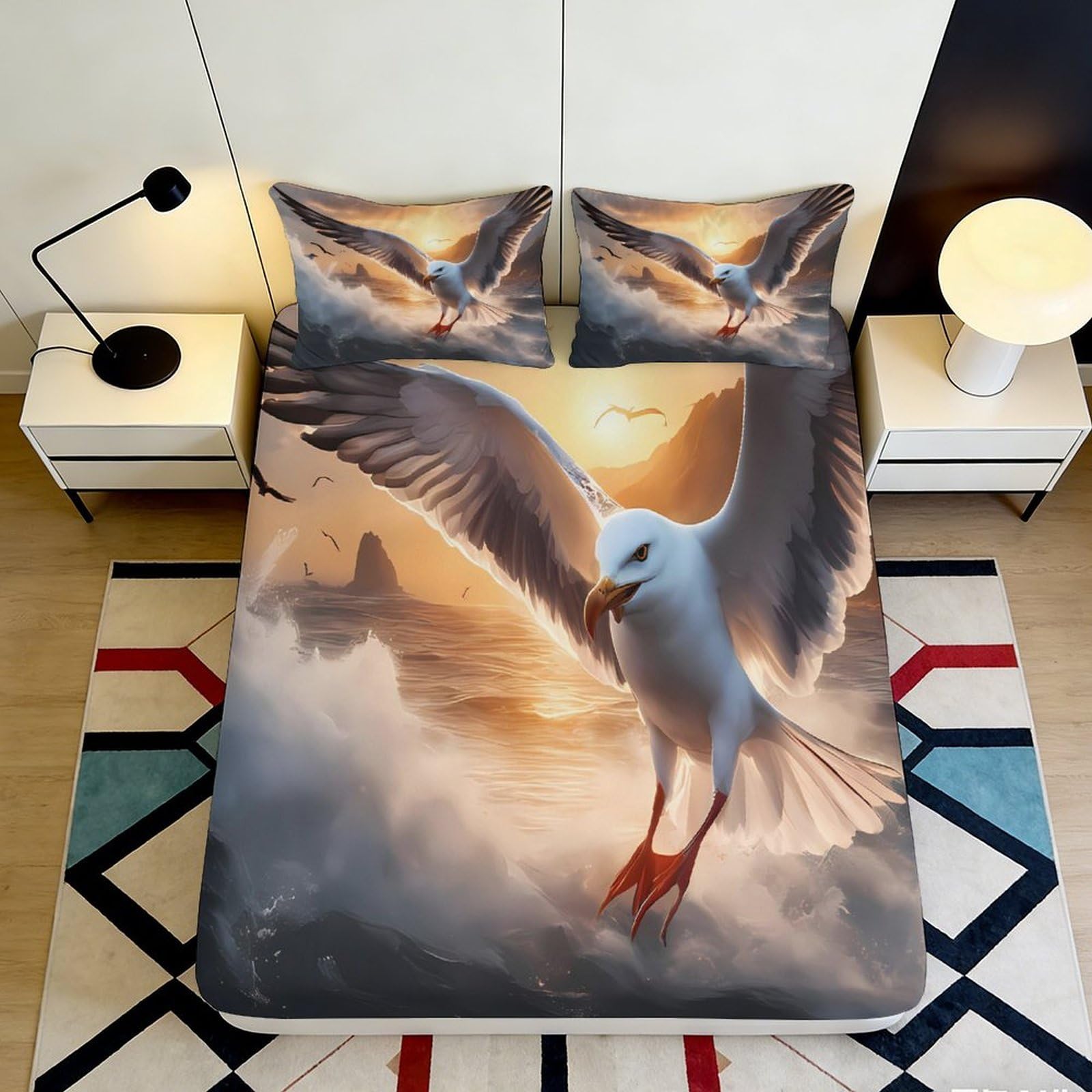 3D Printed Seagull Sunset Fitted Sheet Microfiber Soft Anti-Slip Ocean Waves Mattress Cover for Bedroom Decor 120x200x25cm